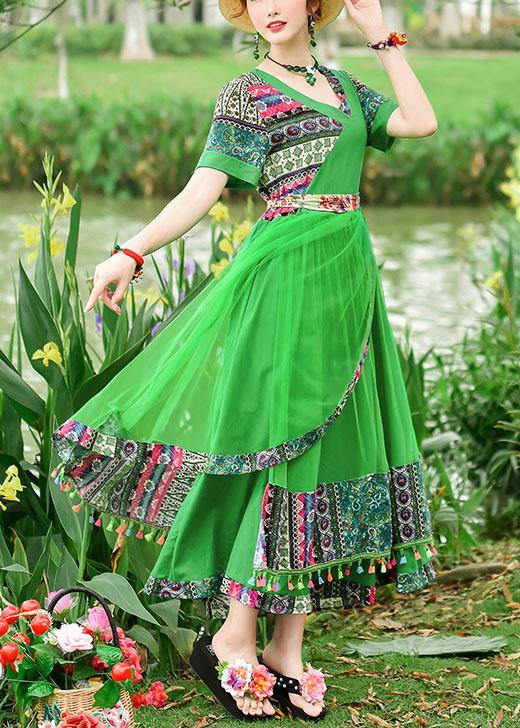 Modern green print tunics for women v neck patchwork tulle summer Dress - SooLinen