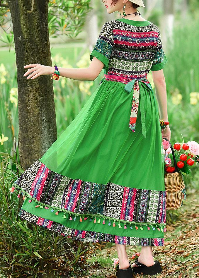 Modern green print tunics for women v neck patchwork tulle summer Dress - SooLinen