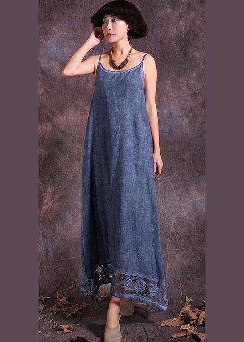 Modern hollow out hem linen clothes For Women Fashion Ideas blue side open Dress summer - SooLinen