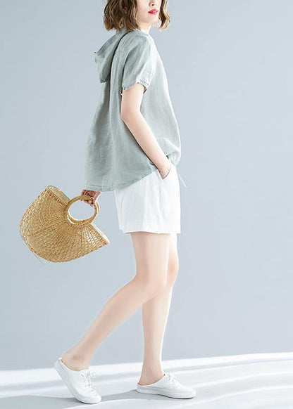 Modern hooded linen shirts women Fitted Sewing light green Dresses top Summer - SooLinen
