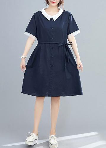 Modern lapel tie waist summer clothes For Women Neckline navy Dresses - SooLinen