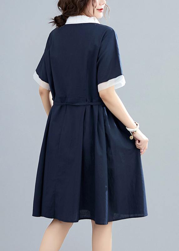 Modern lapel tie waist summer clothes For Women Neckline navy Dresses - SooLinen