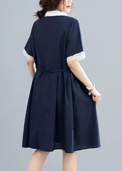 Modern lapel tie waist summer clothes For Women Neckline navy Dresses - SooLinen