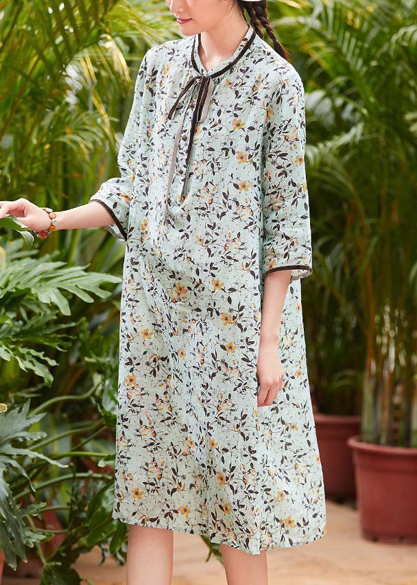 Modern light green linen Robes stand collar pockets daily summer Dresses - SooLinen