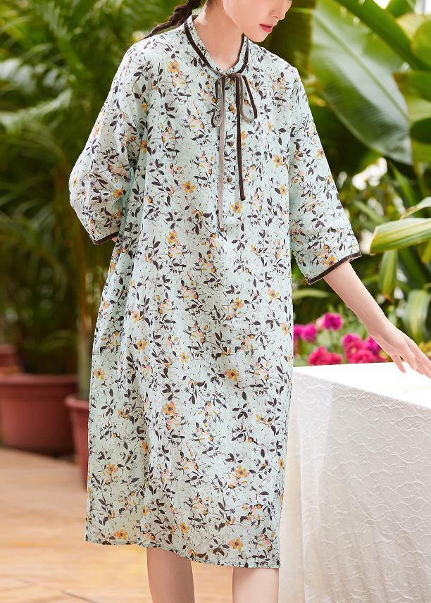 Modern light green linen Robes stand collar pockets daily summer Dresses - SooLinen