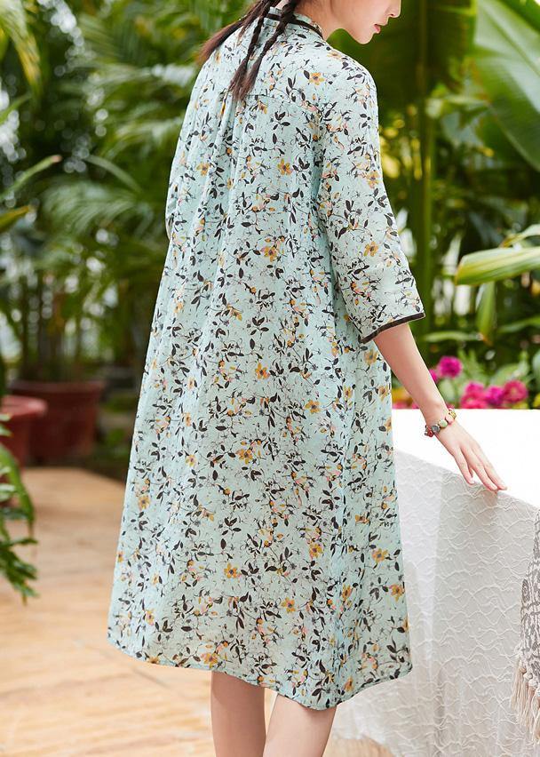 Modern light green linen Robes stand collar pockets daily summer Dresses - SooLinen