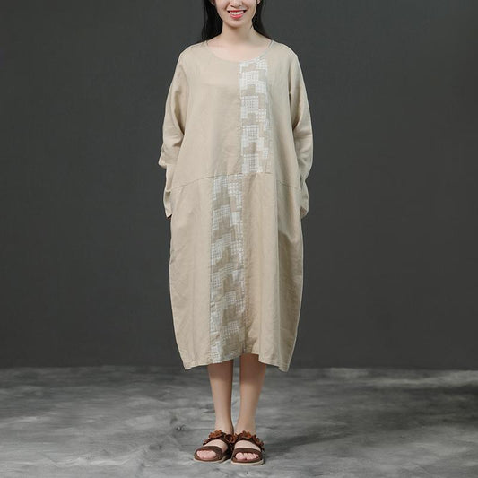 Modern linen cotton Robes 2025 Women Long Sleeve Loose Beige Autumn Dress