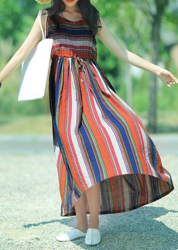Modern multicolor striped linen dress o neck drawstring A Line summer Dresses - SooLinen