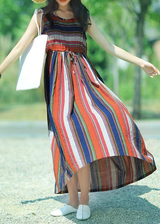 Modern multicolor striped linen dress o neck drawstring A Line summer Dresses - SooLinen