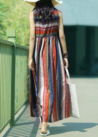Modern multicolor striped linen dress o neck drawstring A Line summer Dresses - SooLinen