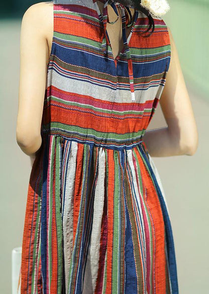 Modern multicolor striped linen dress o neck drawstring A Line summer Dresses - SooLinen