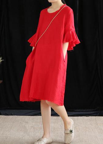 Modern o neck Petal Sleeve cotton linen clothes Women Runway rose Dress - SooLinen