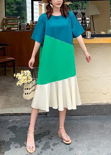 Modern o neck Ruffles clothes Runway green patchwork Art Dress - SooLinen