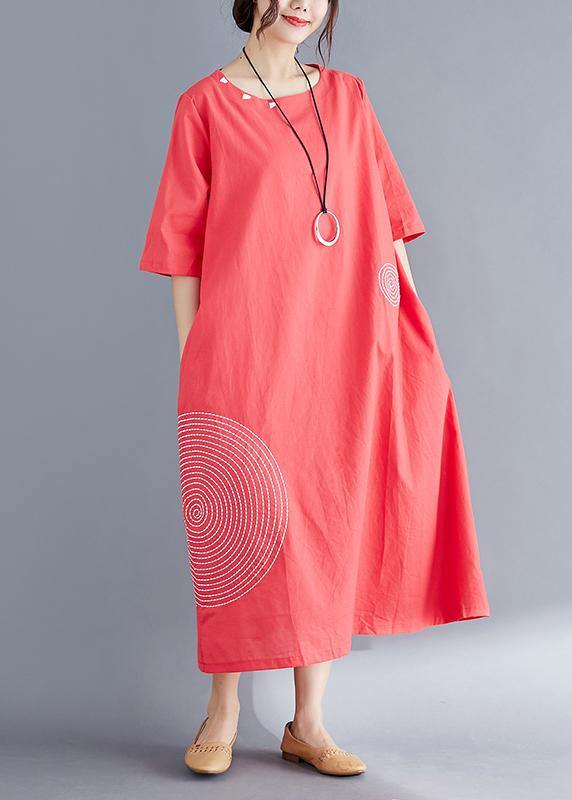 Modern o neck embroidery cotton tunic top Vintage Work Outfits red Maxi Dresses Summer - SooLinen