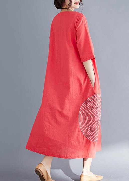 Modern o neck embroidery cotton tunic top Vintage Work Outfits red Maxi Dresses Summer - SooLinen