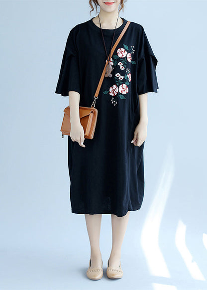 Modern o neck embroidery linen clothes Fashion Online Shopping black long Dresses Summer