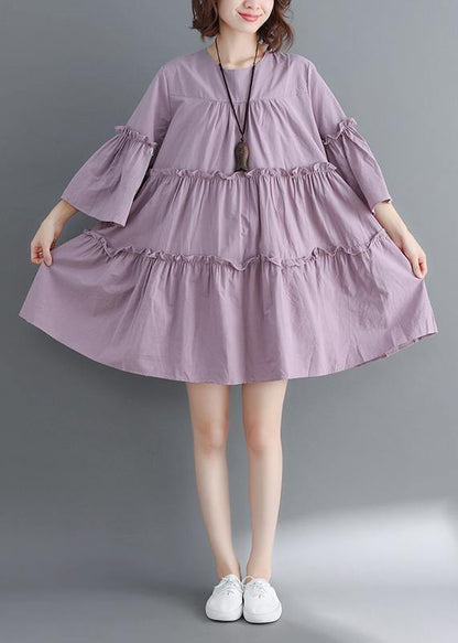 Modern o neck flare sleeve Cinched Cotton Women Photography purple Dress summer - SooLinen