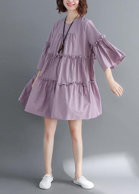Modern o neck flare sleeve Cinched Cotton Women Photography purple Dress summer - SooLinen