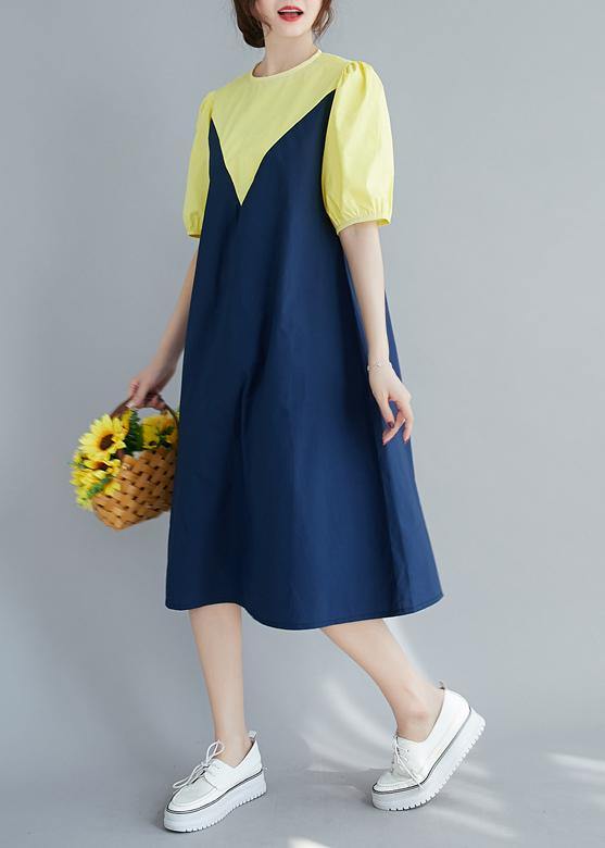 Modern o neck lantern sleeve Cotton summer yellow Dresses - SooLinen