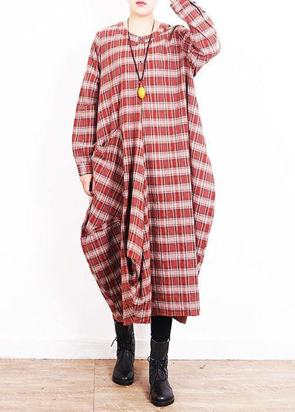 Modern o neck patchwork cotton quilting dresses Work red plaid Art Dress - SooLinen