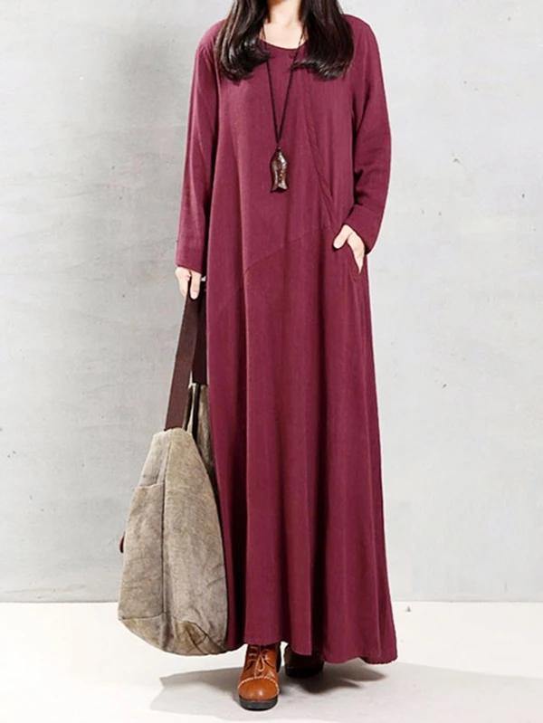 Modern o neck patchwork linen cotton spring Robes Runway burgundy Dress - SooLinen