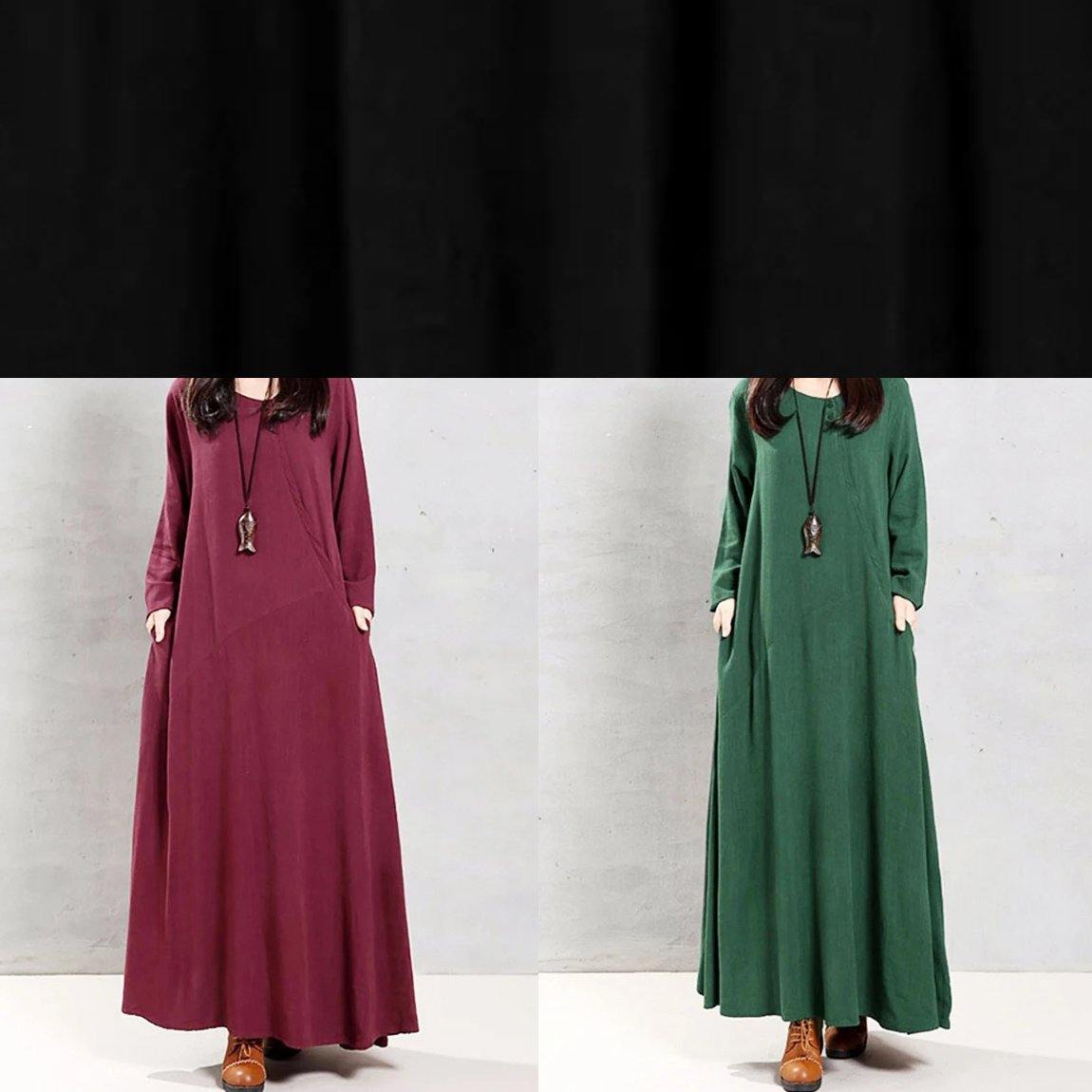 Modern o neck patchwork linen cotton spring Robes Runway burgundy Dress - SooLinen