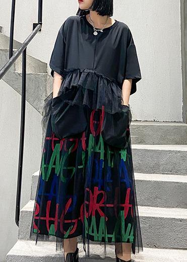 Modern o neck patchwork tulle cotton summer Tunics Inspiration black Maxi Dress - SooLinen