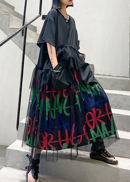 Modern o neck patchwork tulle cotton summer Tunics Inspiration black Maxi Dress - SooLinen