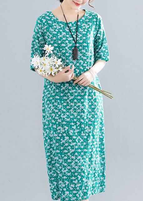 Modern o neck pockets linen cotton clothes Runway green print Dress summer - SooLinen