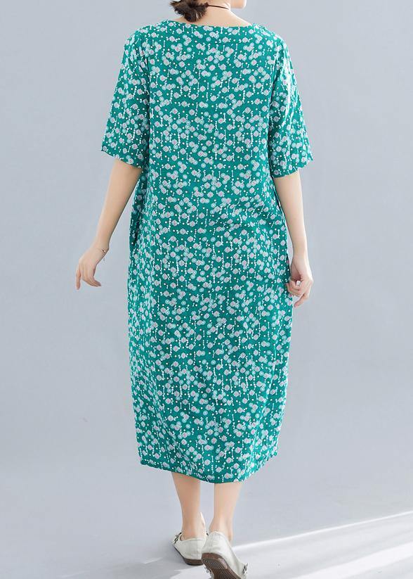 Modern o neck pockets linen cotton clothes Runway green print Dress summer - SooLinen