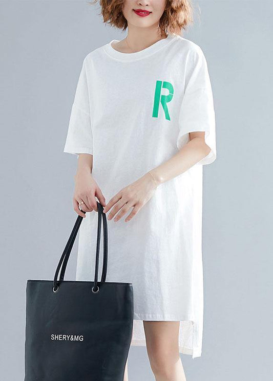 Modern o neck side open linen Runway white print Dresses summer - SooLinen