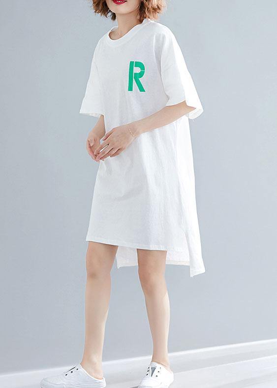 Modern o neck side open linen Runway white print Dresses summer - SooLinen