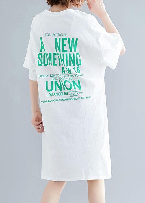 Modern o neck side open linen Runway white print Dresses summer - SooLinen