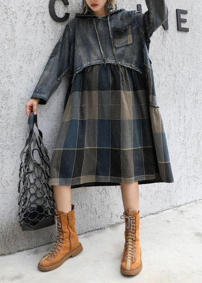 Modern patchwork linen cotton clothes For Women hooded Robe fall Dress - SooLinen