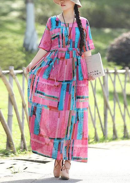 Modern pink prints cotton linen quilting clothes fine Work tie waist Maxi summer Dress - SooLinen