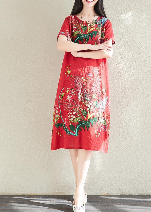 Modern print linen dresses Tunic Tops red Dress summer - SooLinen