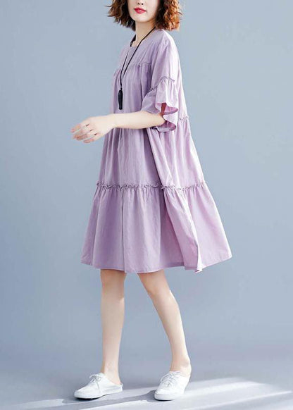 Modern purple Cotton quilting dresses o neck patchwork oversized summer Dresses - SooLinen