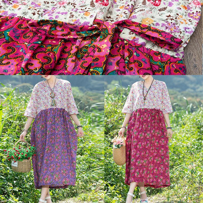 Modern purple patchwork Cotton clothes v neck Plus Size summer floral Dresses - SooLinen