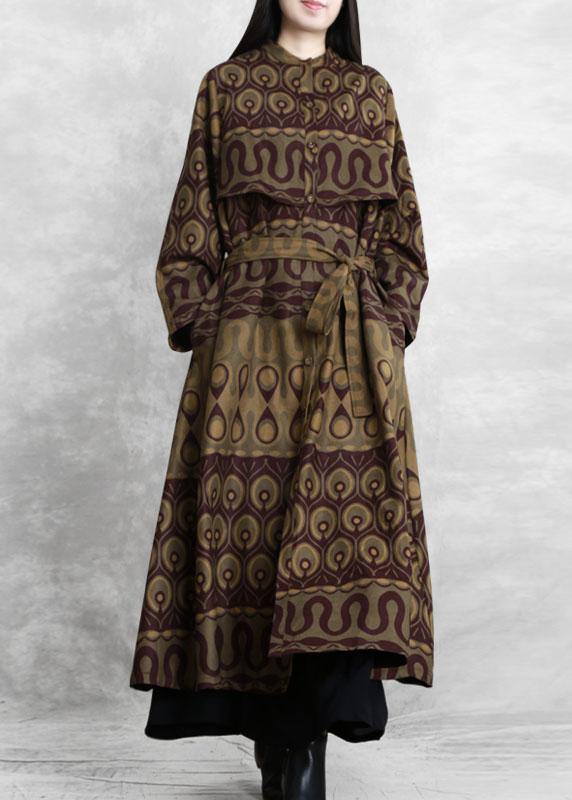 Modern purple print cotton Long Shirts o neck pockets A Line fall Dresses - SooLinen