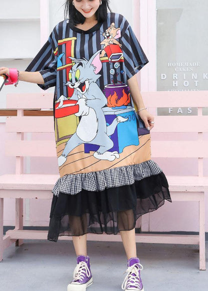 Modern ruffles cotton clothes Women Runway navy prints Maxi Dress - SooLinen