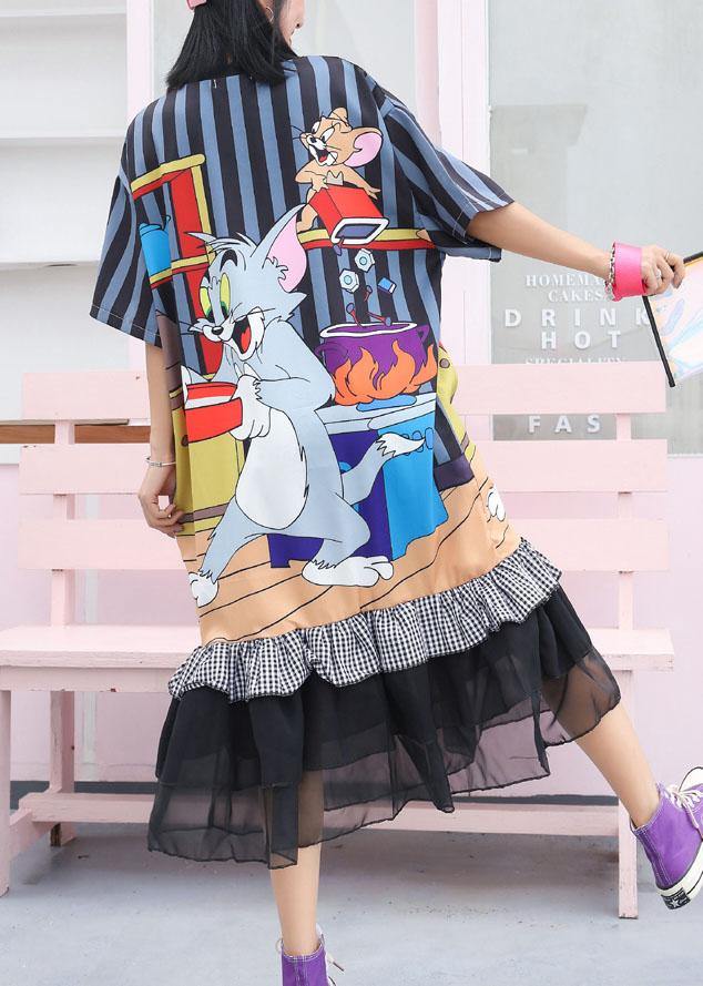 Modern ruffles cotton clothes Women Runway navy prints Maxi Dress - SooLinen