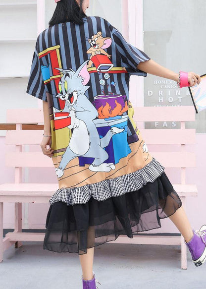 Modern ruffles cotton clothes Women Runway navy prints Maxi Dress - SooLinen