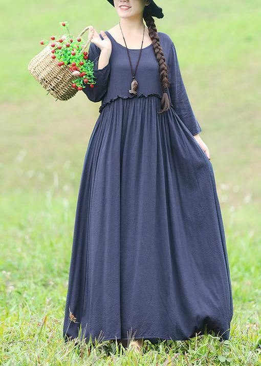 Modern ruffles waist cotton linen clothes For Women Fabrics blue Maxi Dress - SooLinen