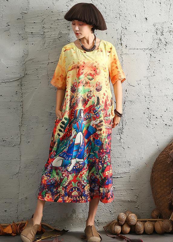 Modern short sleeve linen cotton Robes Fashion Ideas yellow prints Dresses summer - SooLinen