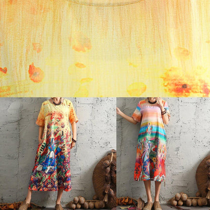 Modern short sleeve linen cotton Robes Fashion Ideas yellow prints Dresses summer - SooLinen