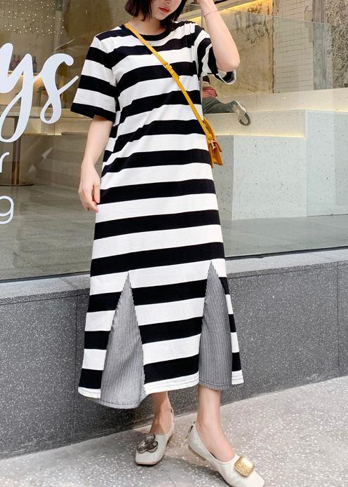 Modern striped cotton tunic pattern patchwork hem Robe summer Dresses - SooLinen