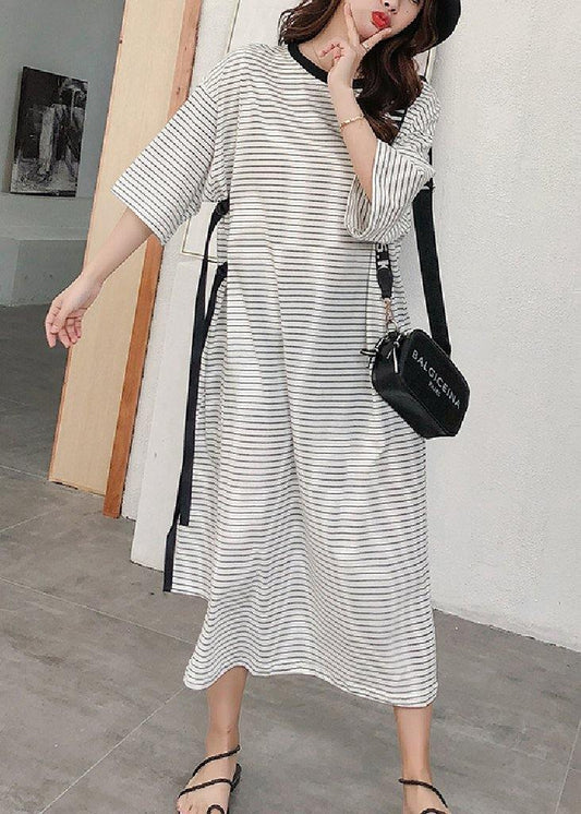 Modern striped cotton tunic pattern tie waist Robe summer Dress - SooLinen