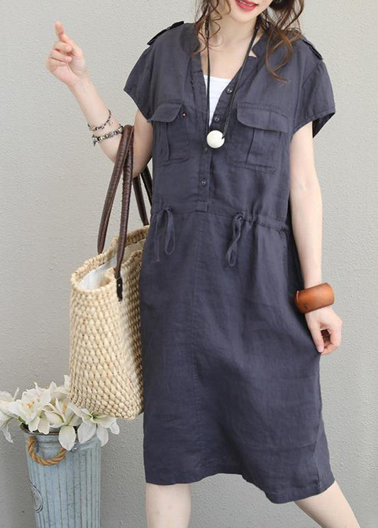 Modern v neck drawstring linen summer clothes Cotton navy Dresses - SooLinen