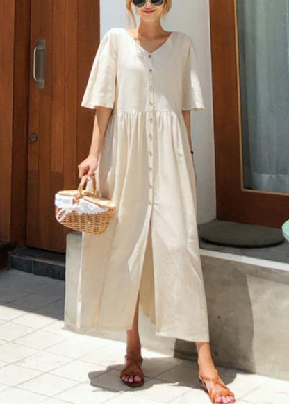 Modern v neck flare sleeve cotton linen summer dress Runway beige Dresses - SooLinen