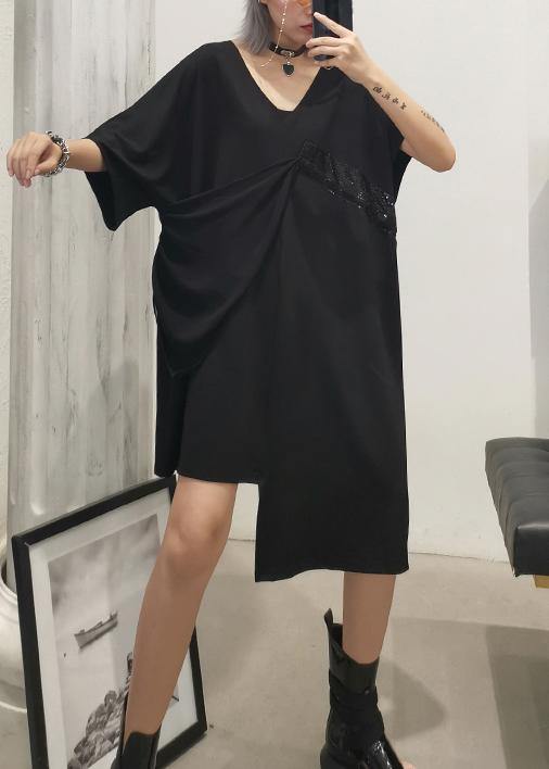 Modern v neck patchwork Cotton dress Catwalk black Dresses summer - SooLinen